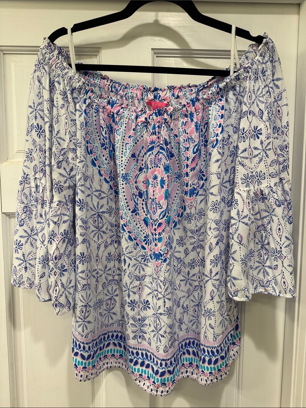 Lilly Pulitzer Boho Off-Shoulder Peasant Top - White with Blue & Pink Pattern